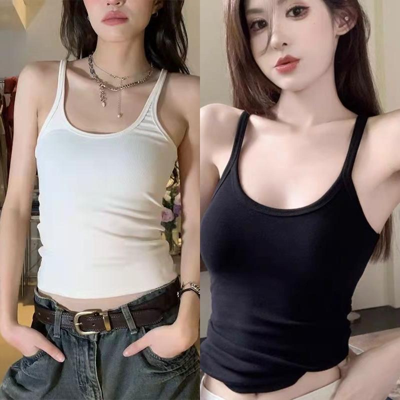 เสื้อสายเดี่ยวสั้น สีพื้น ไม้สำหรับผู้หญิง สีพื้น เสื้อสายเดี่ยว ใส่สบาย มีบราในตัว ผ้านิ่ม เข้ารูป ฤดูร้อน