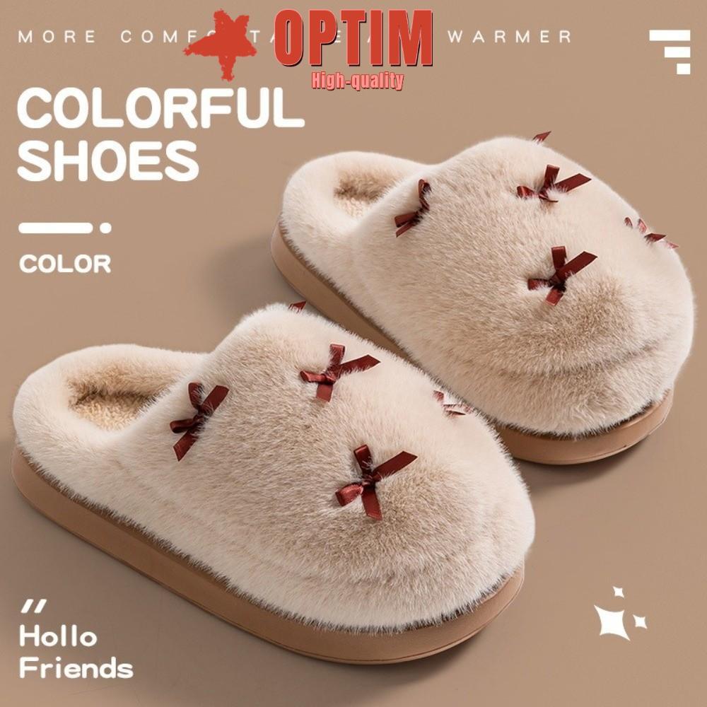 รองเท้าแตะบ้าน.optim แบบขนแกะหนามากอบอุ่น ดีไซน์ลายโบว์แฟชั่น น้ำหนักเบาที่เหมาะสวมใส่ภายในบ้าน