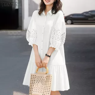 ZANZEA ชิลด์เดรสผู้หญิงสไตล์เกาหลี Gentle Chic กับดีไซน์คอหักระบายแบบ A-line และแขนยาว 3/4 มีรายละเอียดงานปักลายรูฟเฟิลและเนื้อลูกไม้เปิดระบาย