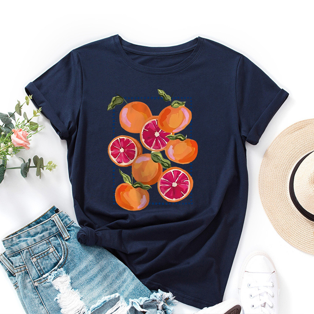 เสื้อยืดผู้หญิงแขนสั้น พิมพ์ลายสีส้มรอบคอ ผ้าคลายตัว TPN