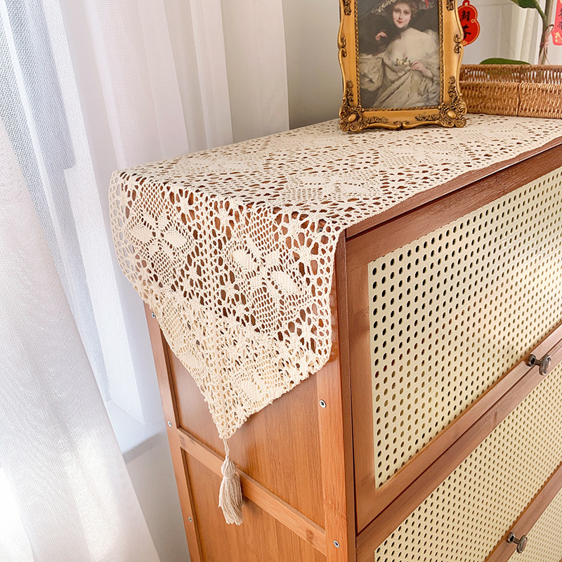 B b.American Country Table Runner Hollow Retro ด้ายฝ้ายโครเชต์ตาราง Runner ลูกไม้ผ้าปูโต๊ะ Mori Seri