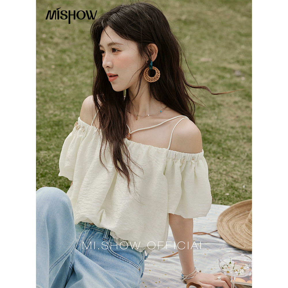 MISHOW 2026 Spring Summer French Strapless Sling Puff Lace Patchwork Shirt