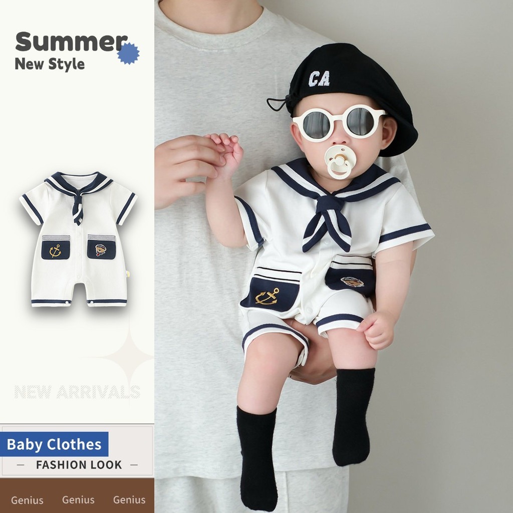 สีกรมท่า 0-24 เดือนเสื้อผ้าเด็กฤดูร้อนใหม่บางแขนสั้น ชุดจั๊มสูท ซูเปอร์หล่อผ้าคลุมไหล่ผูกนุ่มสบาย ชุดรอมเปอร์ ทนกว่า