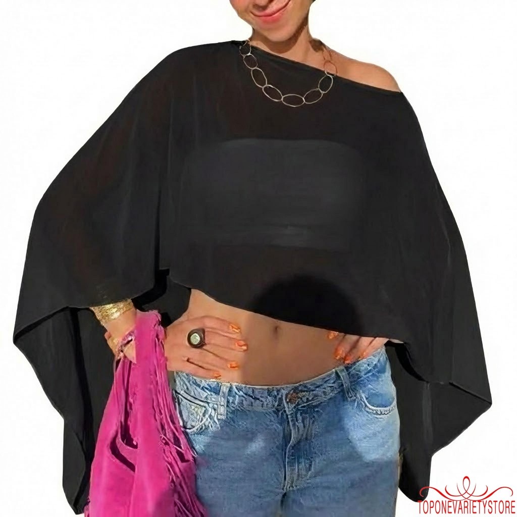 Topone-Women Poncho Shawl Sheer White Cropped Top พร้อมเสื้อคอเรือไม่สมมาตร