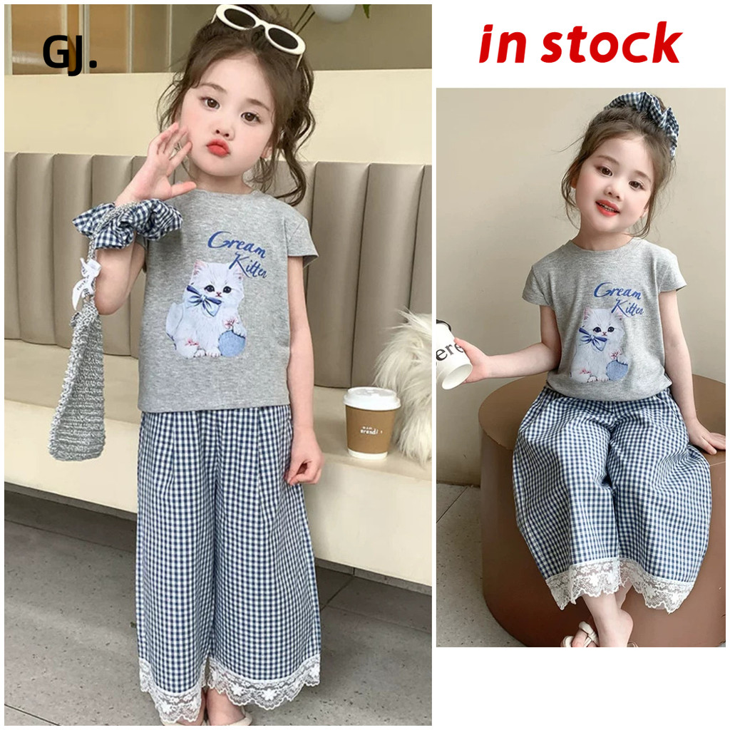 ((พร้อมสต็อก) 4-12ปีหญิงแมวพิมพ์เสื้อยืด+สีฟ้าสีขาวลายสก๊อตลูกไม้ชุดกระโปรงฤดูร้อนสบายๆชุดสองชิ้น กลุ่ม969 #