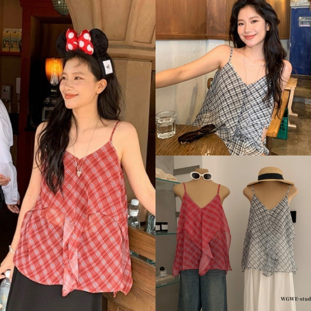 ❤ ❤ 🧵 🇰🇷 W9279 เสื้อสายเดี่ยว ลายสก็อต  แต่งผ้าพริ้วสวย สายปรับได้ ผ้าดีใส่สบาย แฟชั่นเกาหลี TAG WG.WE 🧡