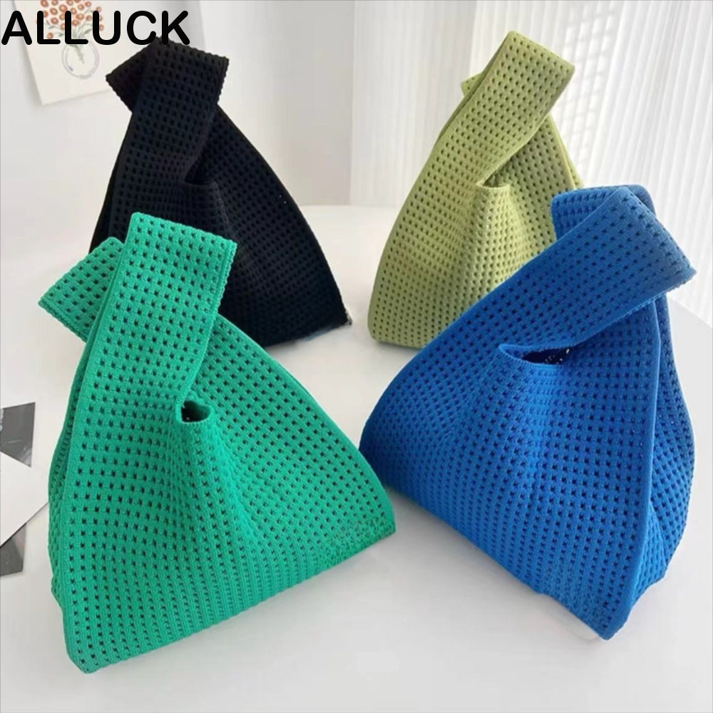 ALLUCK Tote Bag, Retro Hollow Out Knit Handbag, Korean Style Large Capacity Solid Color Wristlet Bag for Women