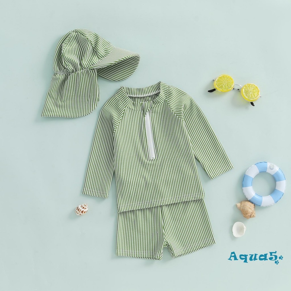 AQQ-Toddler Boy Rash Guard ชุดว่ายน้ําลายพิมพ์แขนยาวคอจําลองพร้อมกางเกงขาสั้นและหมวกว่ายน้ําชุดว่ายน