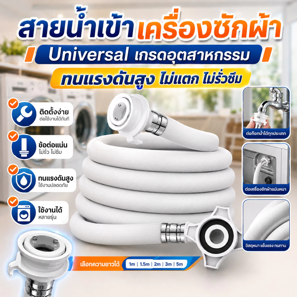 สายน้ำดี สายน้ำเข้า หัวต่อก๊อก เครื่องซักผ้า 1M/1.5M/2M/3M/5M พร้อม ข้อต่อก๊อกน้ำ ใช้ได้ทุกรุ่น COD