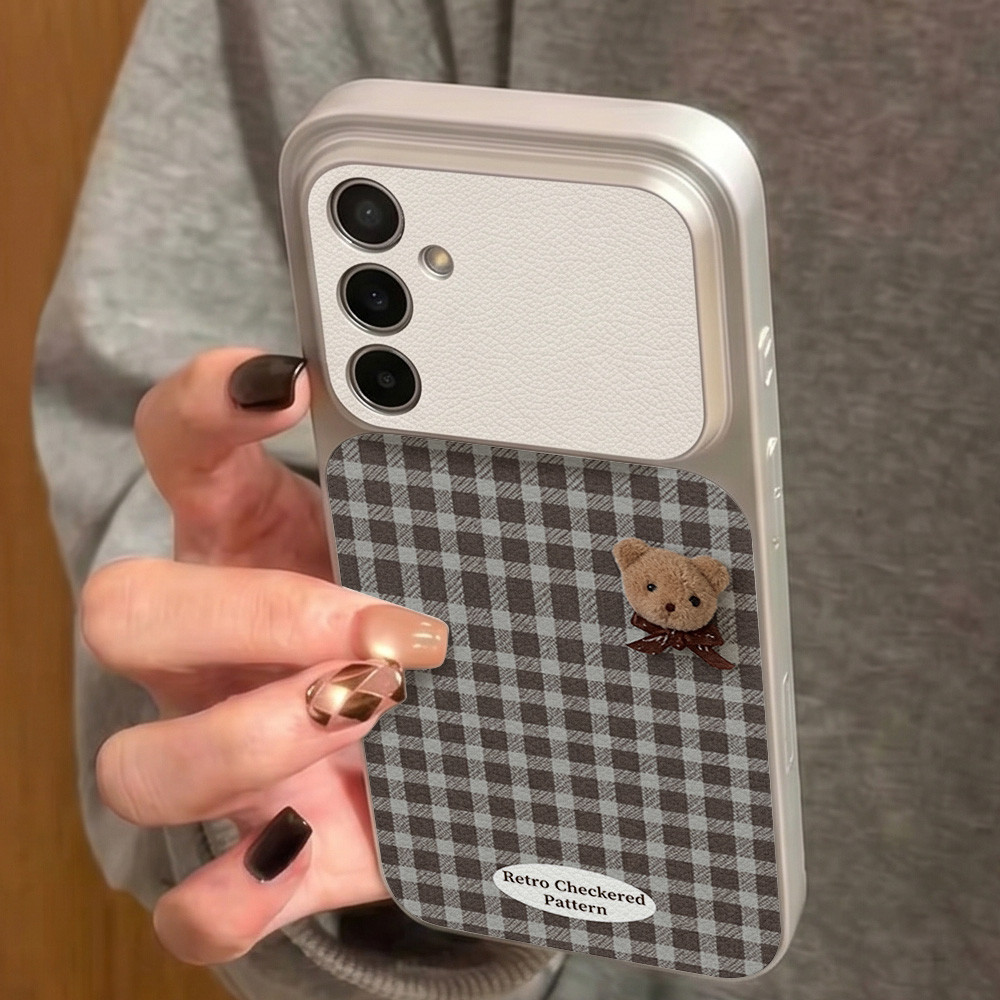 INS เคสไอโฟน for Samsung A07 A17 A56 A55 A54 A36 A37 A57 A16 S24 S25 Ultra S25FE ลายตารางน่ารัก หรูหรา วัสดุหนังแกะผสม