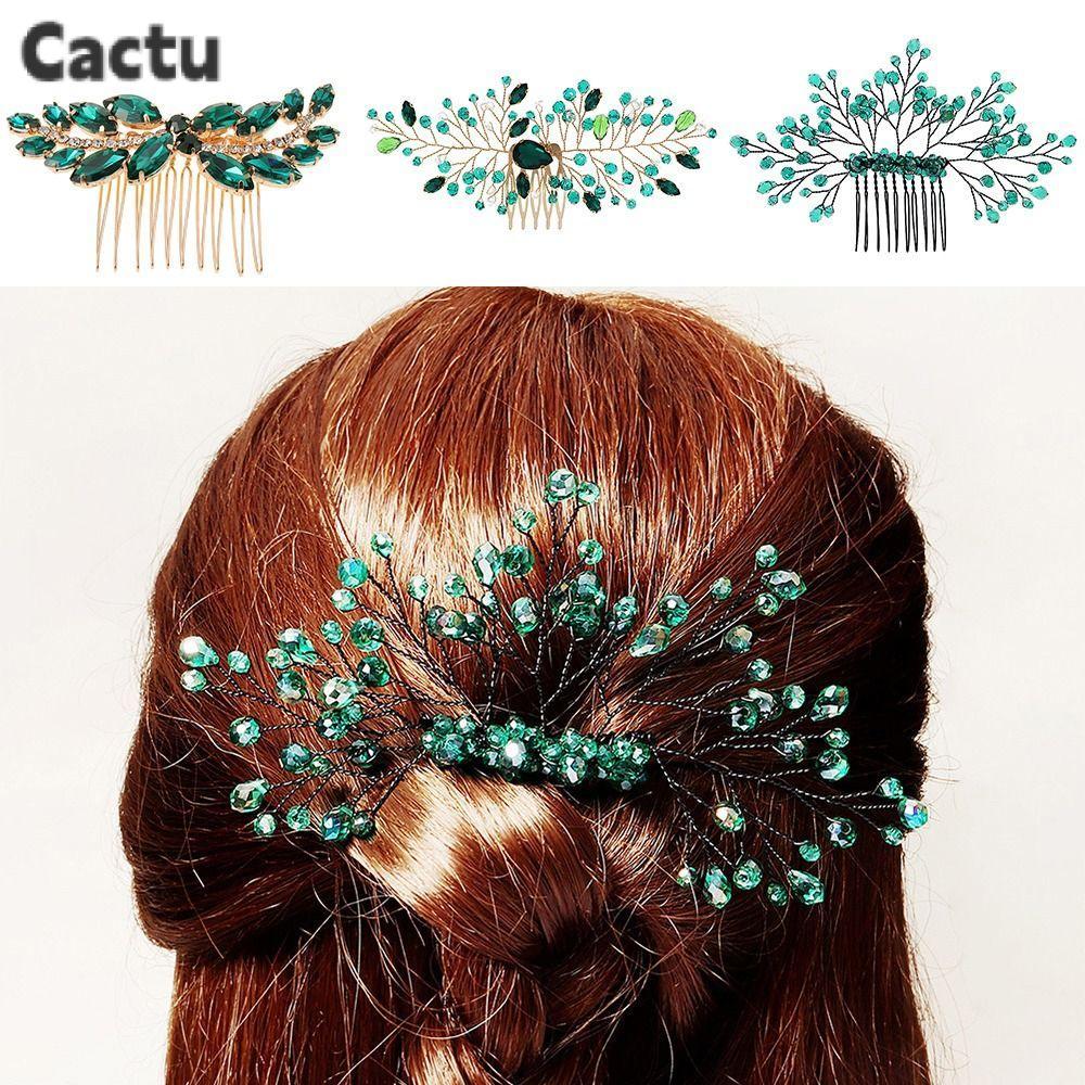 CACTU หวีผมคริสตัลคริสตัลสีเขียวที่สวยงาม Tiara คลิปเจ้าสาว