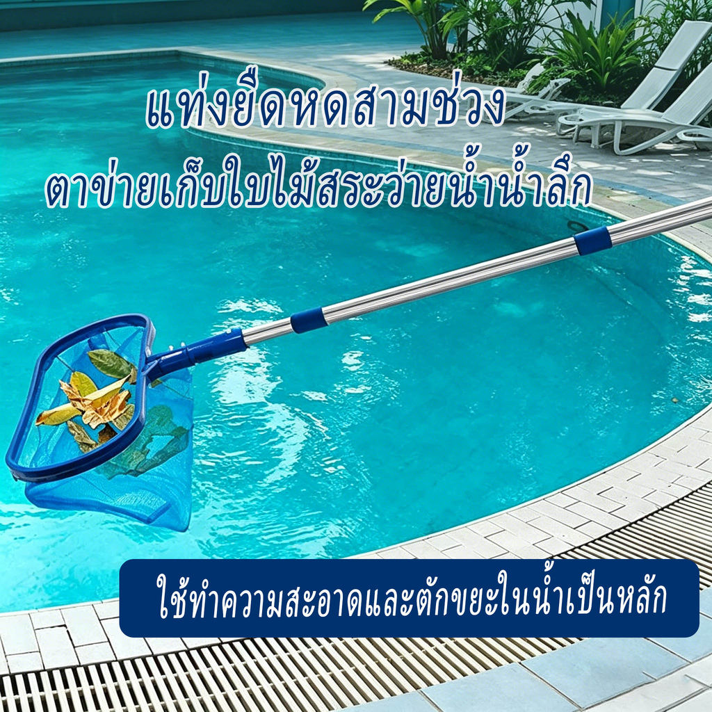 สระว่ายน้ำตาข่าย ดักเศษใบไม้ในสระน้ำ with Telescopic Pole บ่อทำความสะอาดเศษคราดกวาดใบไม้ กระชอนตักใบไม้
