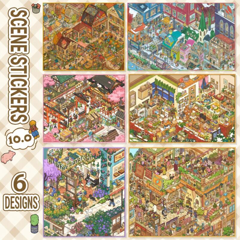 WEI 6 ชิ้น [Urban Roaming Series] สติ๊กเกอร์ภูมิทัศน์ขนาดใหญ่พิเศษ Ceramic Town Floral Coffee House Spring Sakura Festival Komachi Journaling Supplies