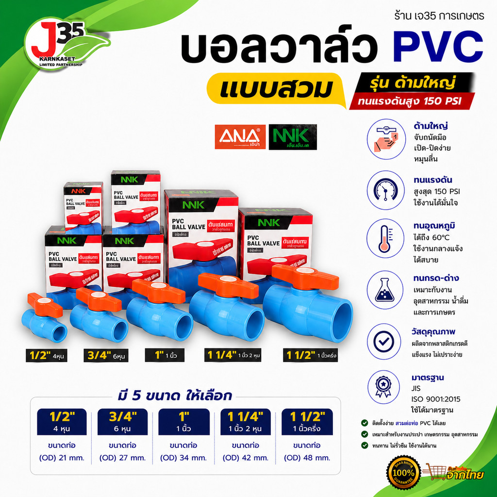 ANA บอลวาล์ว PVC 1/2นิ้ว 3/4นิ้ว 1นิ้ว 1-1/4(นิ้วสอง) 1.5นิ้ว วาล์วปิดเปิดน้ำ ประตูน้ำ