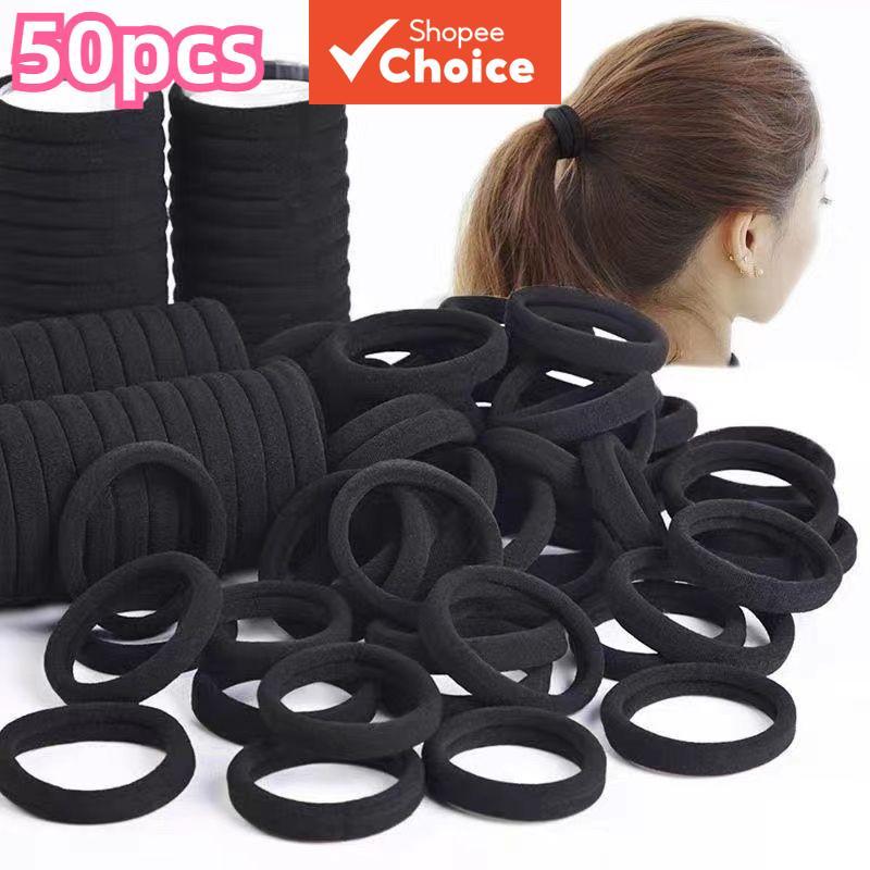 50ชิ้นขนาดใหญ่สีดํายืดหยุ่นผูกผมสไตล์เกาหลีทนทานผู้ถือผมหางม้าสําหรับผู้หญิงเด็ก&ผู้ใหญ่