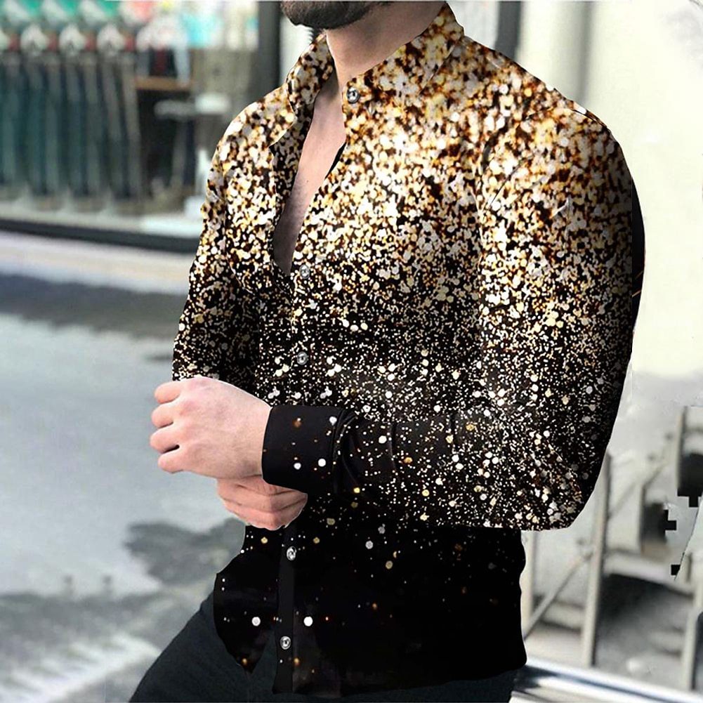 เสื้อเชิ้ตผู้ชาย แวววาว พิมพ์แขนยาวลําลองด้านบนสีฟ้าสีม่วงสีชมพูทองสีแดงกลางแจ้ง สตรีทแวร์ สูงสุด