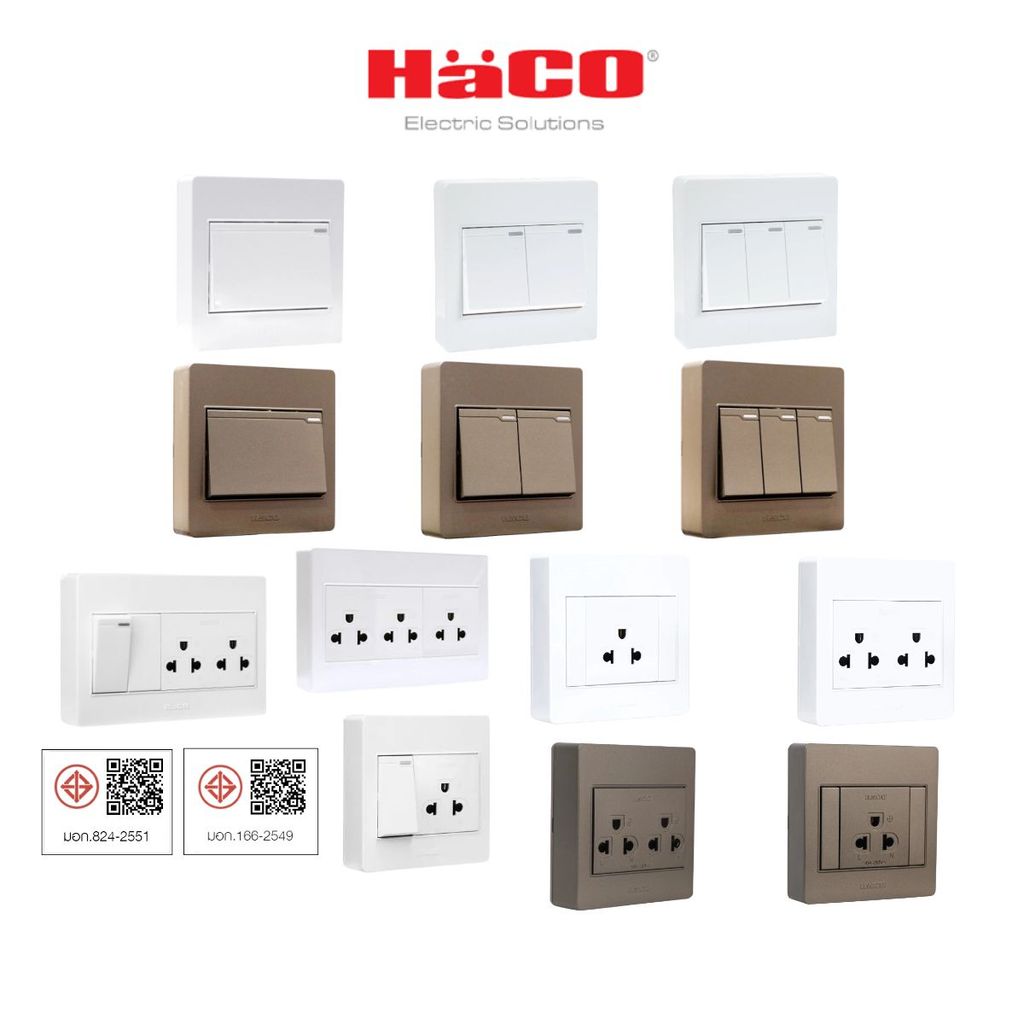 HACO เต้ารับเดี่ยว-สวิตช์ทางเดียว รุ่น M3N-S11/S21/S31/E10/E11/E20, M4N-E21/E30 รับประกัน 1 ปี