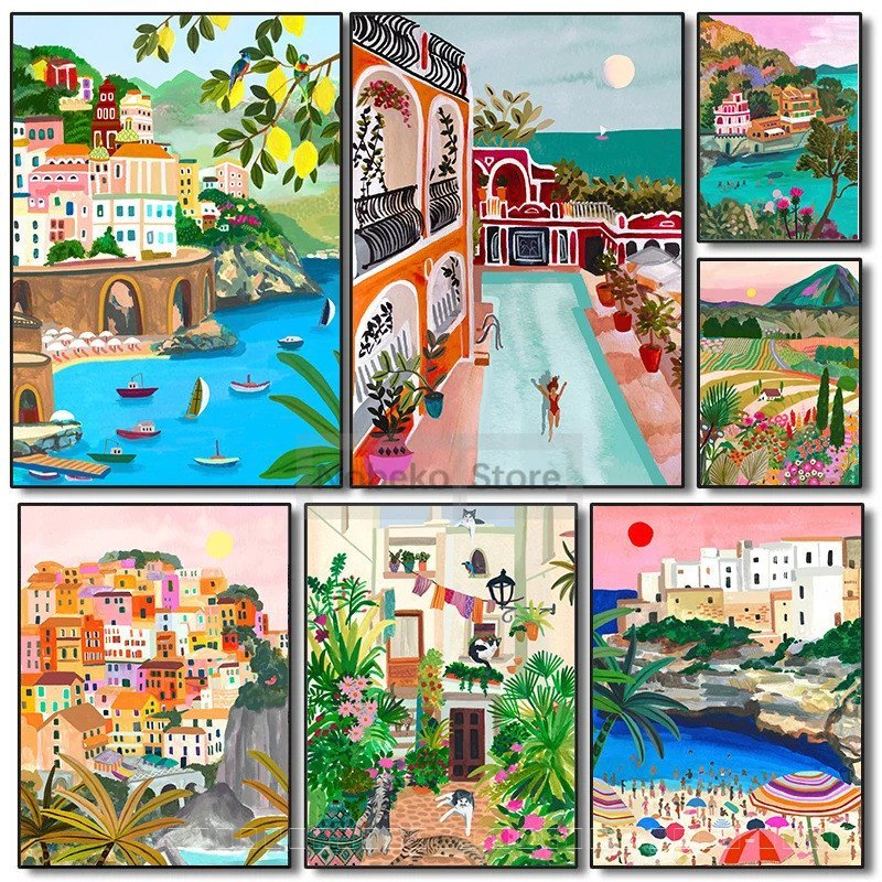 สีสันอิตาลี Travel ภาพประกอบโปสเตอร์ Amalfi Coast Portofino Puglia พิมพ์ผ้าใบภาพวาด Wall Art ภาพ Hom