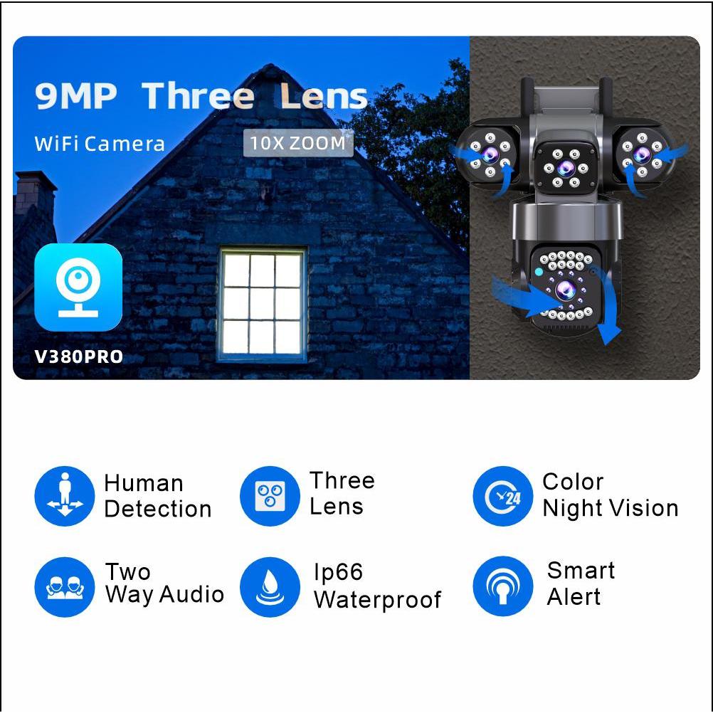 WiFi กล้อง PTZ กันน้ํากลางแจ้ง 9MP พร้อม 3 เลนส์, สีกลางคืน 10X ซูมกล้องเฝ้าระวังวิดีโอ, V380 App Mo