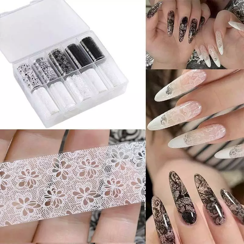 DSTH ฟอยล์โอนเล็บ Bla สีขาวสีแดงลูกไม้ดอกไม้รูปแบบ 10 ม้วน Stiers สําหรับ DIY ตกแต่งเล็บ Salon และใช้ในบ้าน HOT