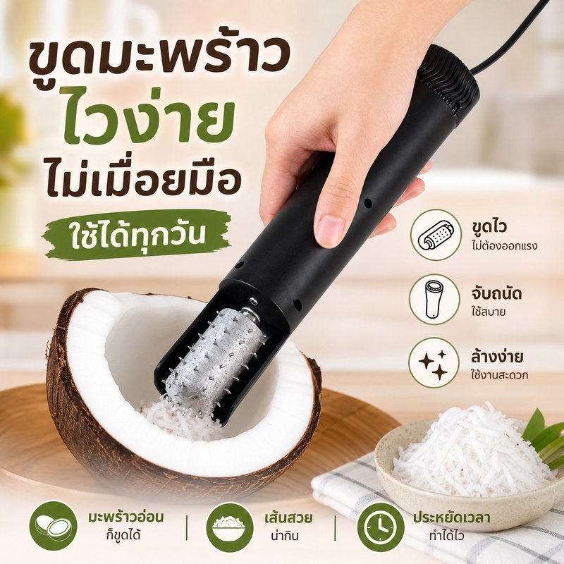 เครื่องขูดมะพร้าวไฟฟ้า แบบพกพา เครื่องขูดมะพร้าวมือถือ น้ำหนักเบา มีแผงกั้น ใช้งานง่าย