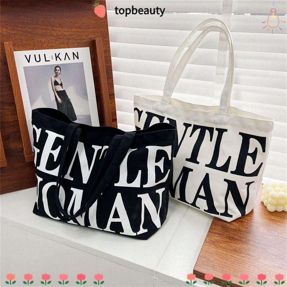 Topbeauty กระเป๋าผ้าแคนวาส พิมพ์ตัวอักษร กระเป๋าสะพายความจุขนาดใหญ่ กระเป๋า Tote เรียบง่าย Gentlewoman