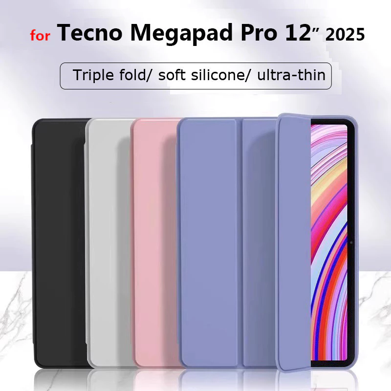 TPU หนัง Tri-Fold Stand กรณีแท็บเล็ตสําหรับ Tecno Megapad Pro 12 "2025 สําหรับ Tecno Megapad SE 11 "T1102 สําหรับ Megapad 11 นิ้ว 2024 หนัง Tri-พับสมาร์ท Auto Sleep Wake