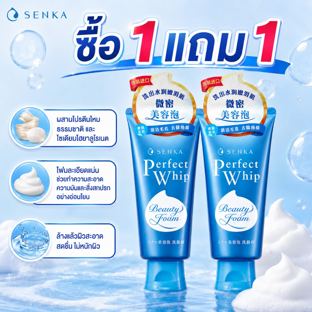 ซื้อ 1 แถม 1 Senka เซนกะ เพอร์เฟ็ค วิป เอ 120 กรัม วิปโฟม ล้างหน้า