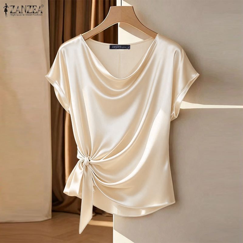 Zanzea ผู้หญิงเกาหลีสันทนาการซาติน Draped คอไม่สม่ําเสมอ Hem Twisted Knot เสื้อยืดแขนสั้น Presale — صورة 4
