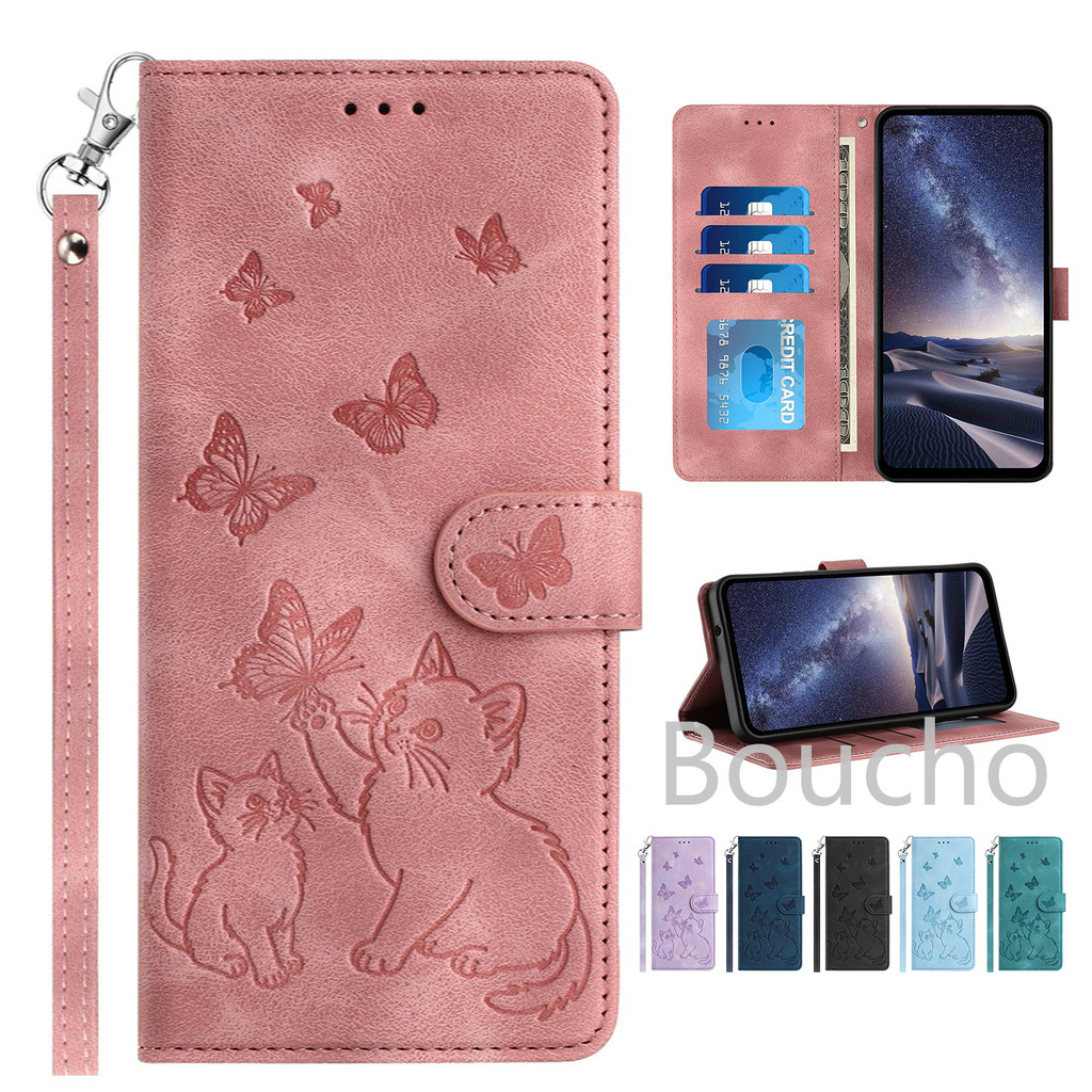 กระเป๋าสตางค์หนังแม่เหล็กพลิกเคสโทรศัพท์สําหรับ Honor X7D X9D X5C X6C X7C X8C X9C X5B Plus 400 200 Lite Pro สมาร์ท 4G 5G พร้อมช่องใส่การ์ดสายรัดข้อมือแมวดอกไม้นูนปกหลัง