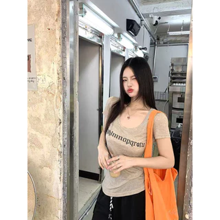 <Moss Queen> เสื้อยืดแขนสั้นพิมพ์ลายตัวอักษรหัวใจสไตล์อเมริกัน,เสื้อคอยูทรงเข้ารูปฤดูร้อน