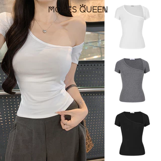 < MOSESQUEEN > เสื้อยืดแขนสั้นไม่สม่ําเสมอเซ็กซี่พร้อมคอปกและสไตล์กระชับสัดส่วนด้านบนสําหรับไหล่ #63675