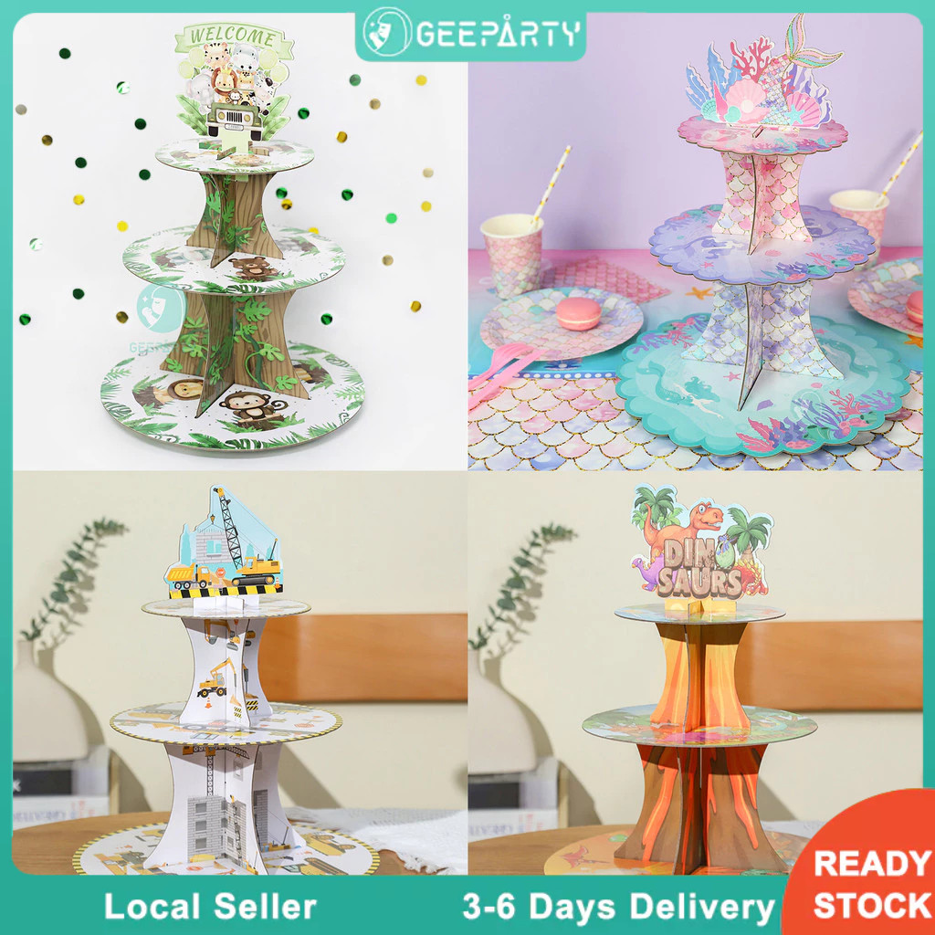 GeeParty ขาตั้งคัพเค้ก 3 ชั้น พร้อมที่หุ้มคัพเค้กธีม (สัตว์/ไดโนเสาร์/นางเงือก/ก่อสร้าง) สำหรับตกแต่งงานปาร์ตี้