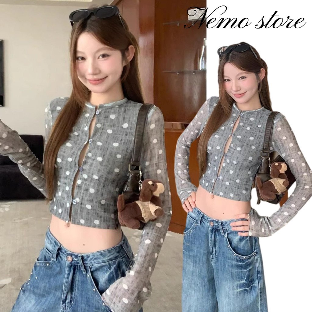 Nemo store🌸#FY544 เสื้อแขนยาวครอป แขนยาว ลายจุดสีเทา สไตล์เกาหลี