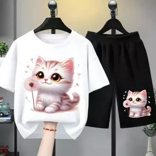 [COD]New!!!*2026-ชุดเสื้อยืดเด็กหญิง เสื้อยืดเด็กหญิง ชุดเสื้อเด็กหญิง เสื้อยืดเด็กหญิงชุดสั้น ลาย แมว ดอกหญ+（ชุดเสื้อยื