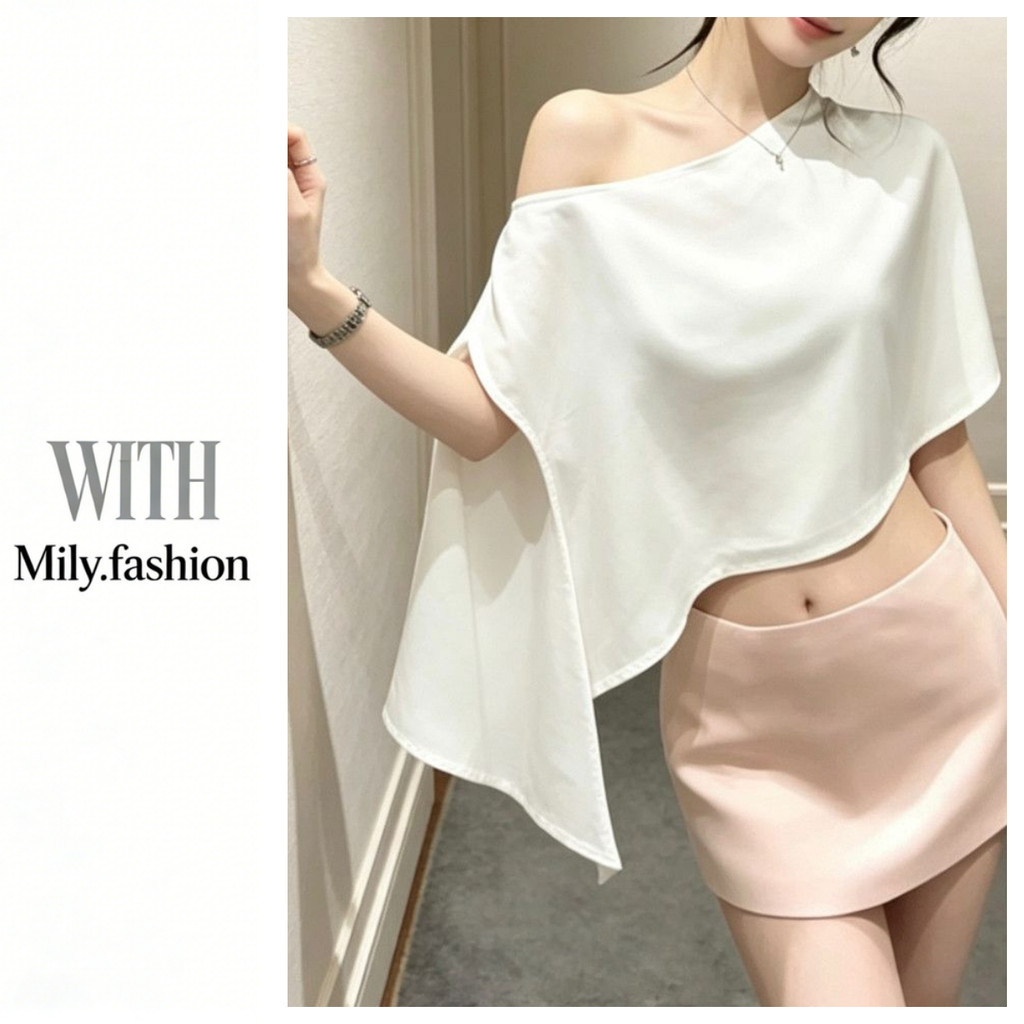 Milyfashion Pure Desire ไม่สม่ําเสมอสีขาว Crossbody เสื้อ 2026 ฤดูร้อนหลวม Slimmer ดู Casual All-Mat