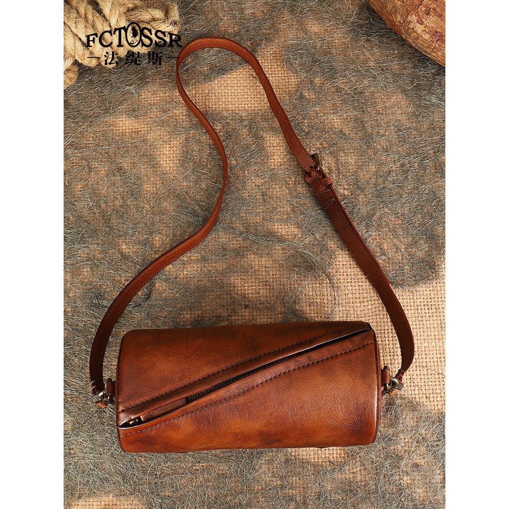 Fatis First Layer Cowhide ทรงกระบอกกระเป๋าใบเล็กMiniไหล่กระเป๋าแนวทแยงNicheของแท้หนังทรงกระบอกกระเป๋