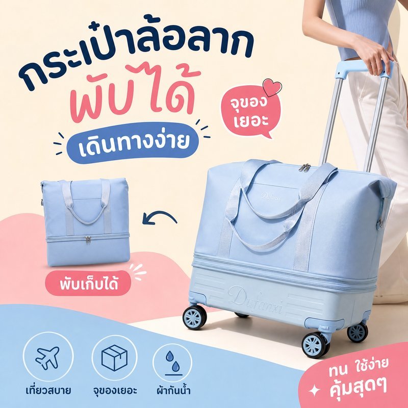 กระเป๋าเดินทาง กระเป๋าล้อลาก พับได้ ขยายได้ ผ้าอ็อกซ์ฟอร์ด กันน้ำ จุเยอะ น้ำหนักเบา เดินทาง