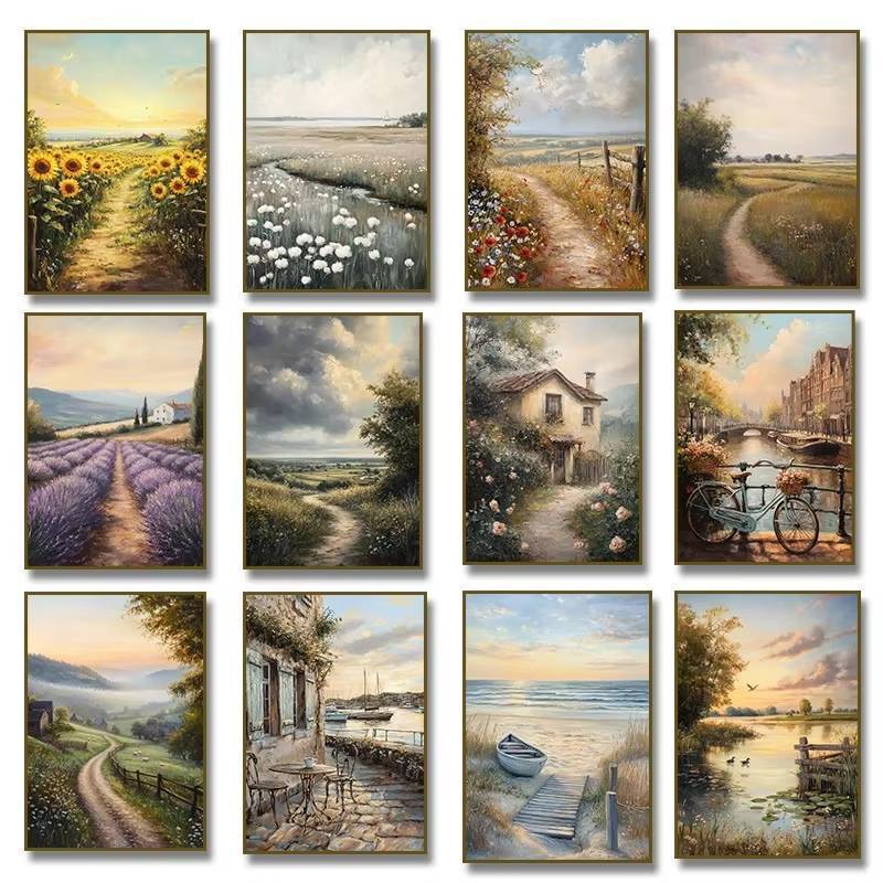 Vintage Amsterdam Country Road Rustic Lavender Fields ดอกไม้โปสเตอร์ Beach Landscape ภาพวาดผ้าใบพิมพ์ Wall Art Room Decorcanvas โปสเตอร์