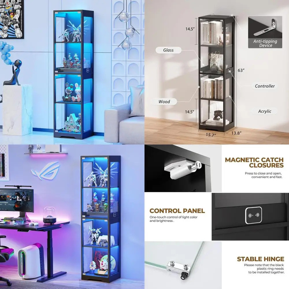 ตู้ Curio กระจก 4 ชั้นเรืองแสงสําหรับของสะสมพร้อมไฟประตูและสี