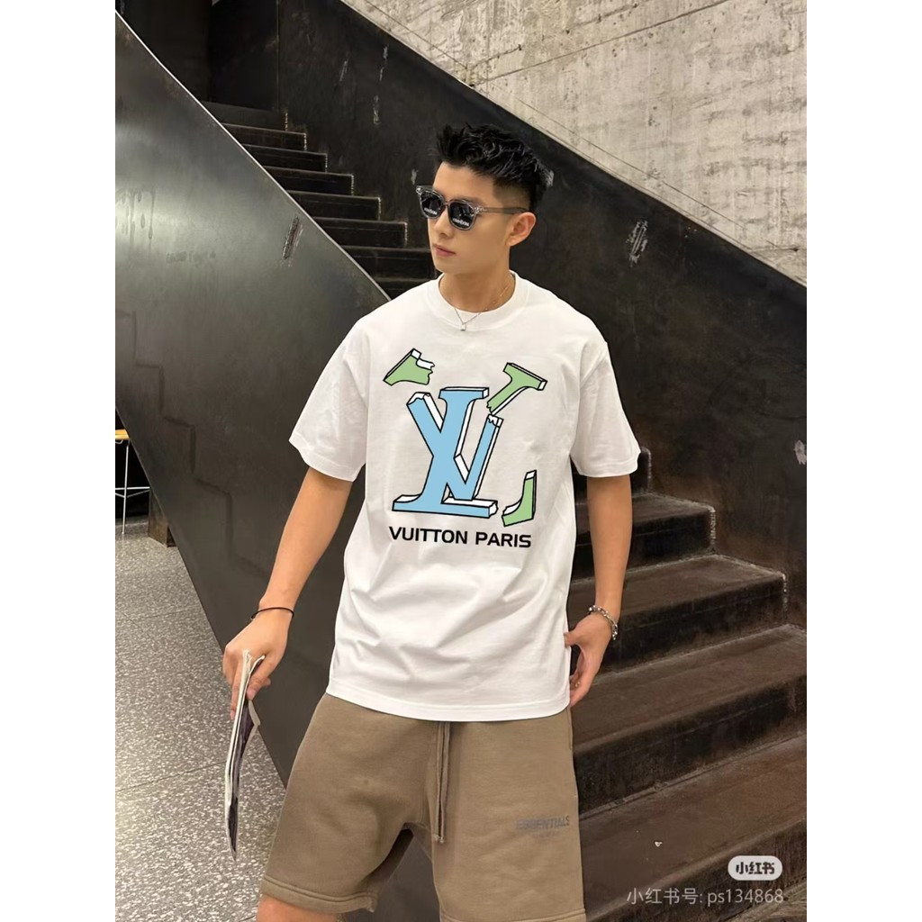 LOUIS VUITTON/LV/2026ต้นฤดูใบไม้ผลิสไตล์ใหม่เสื้อยืดแขนสั้นผู้ชายผู้หญิงคู่หนารอบคอด้านใน Casual Cou
