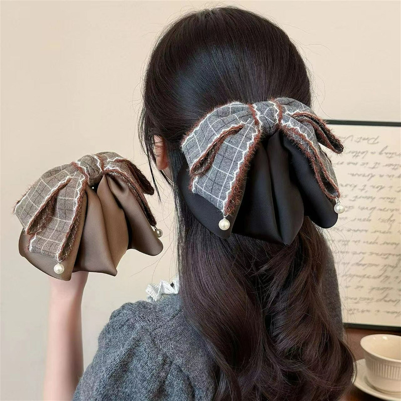 ย้อนยุคลายสก๊อตขนสัตว์โบว์ผมหางม้าหนีบแฟชั่นบุญฉลามคลิปอุปกรณ์ผมสําหรับผู้หญิง