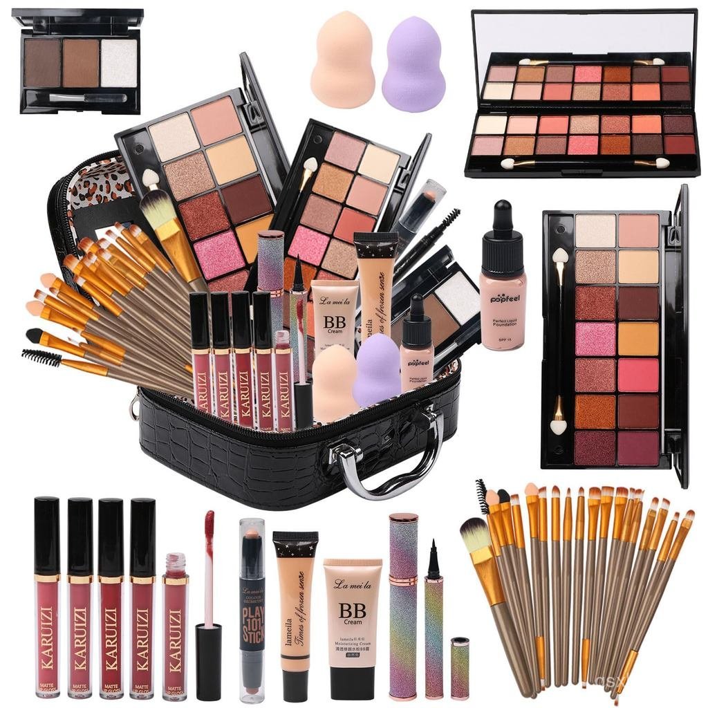 All in One Makeup Kit - พาเลทอายแชโดว์ 2X14, รองพื้นชนิดน้ํา, ดินสอเขียนขอบตา, แท่งคอนทัวร์, ลิปกลอส