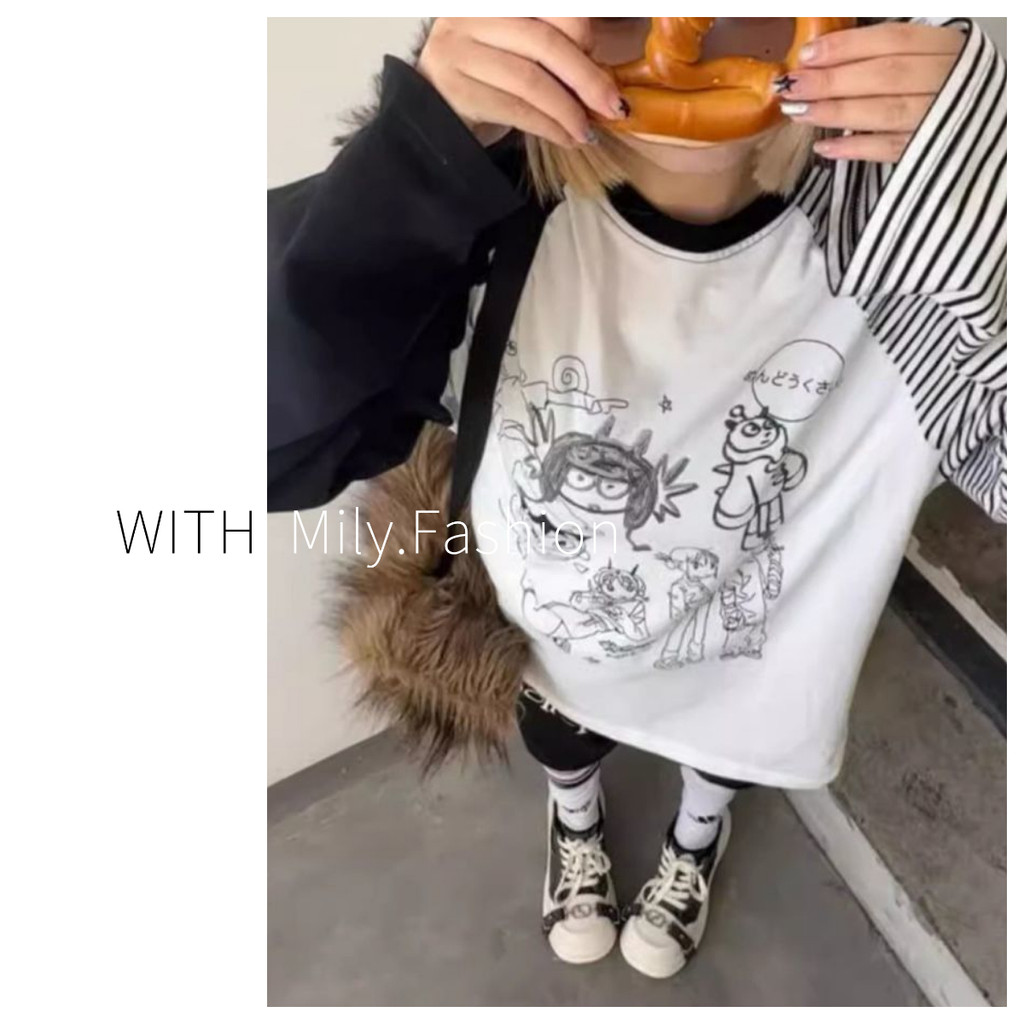 Milyfashion Retro Contrast สี Raglan แขนยาว T ฤดูใบไม้ร่วงสไตล์ใหม่เย็บหลวม Age-Reduction Bottoming Top Y2K การพิมพ์การ์ตูน JI2P