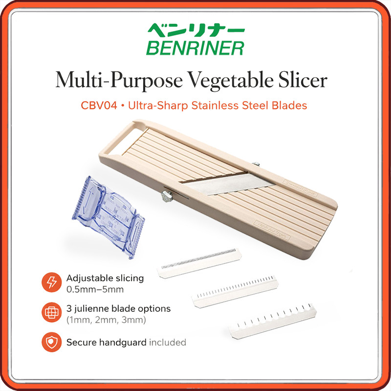 Benriner CBV04 Japanese Mandoline Vegetable Slicer Adjustable 0.5-5 mm Cutter with 3 Interchangeable Julienne Blades (1 mm / 2 mm / 3 mm) & Safety Hand Guard, Premium ABS + Stainless Steel
