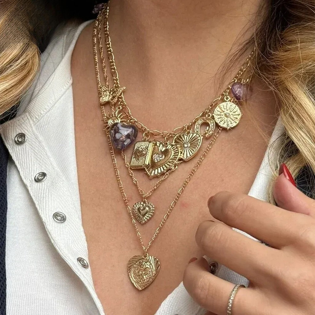 YX Retro Heart Sun Layered 3Vengeance สร้อยคอ Choker Y2K ความงามของขวัญสําหรับเธออินเทรนด์เครื่องประ