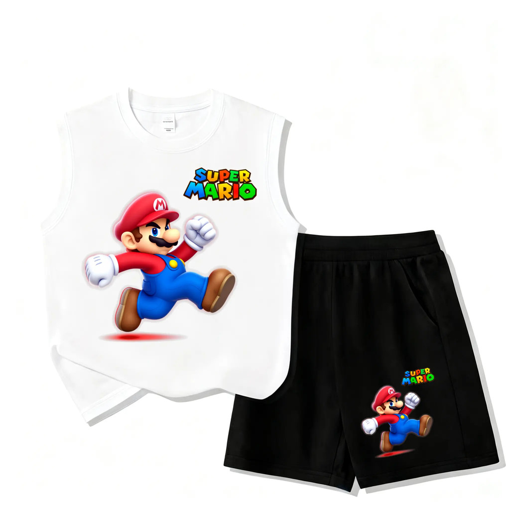 ซูเปอร์มาริโอ ภาพการ์ตูนมาริโอวิ่งอยู่บนเสื้อแขนกุดสีขาวและกางเกงขาสั้นสีดํา Acrylic Pendant Ornament for เด็ก