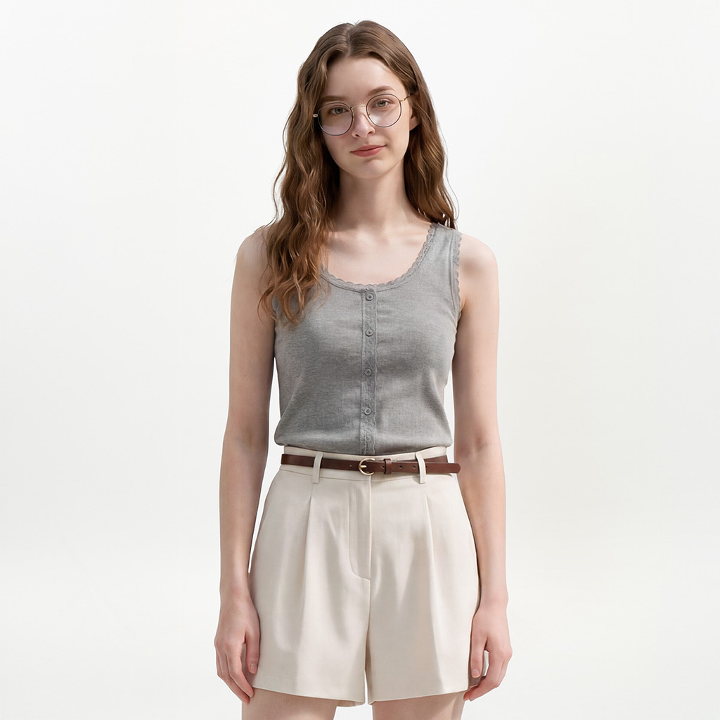 EP เสื้อแขนกุดแต่งขอบลูกไม้ ผู้หญิง สีเทา | Tank Top with Lace Trim | 05215
