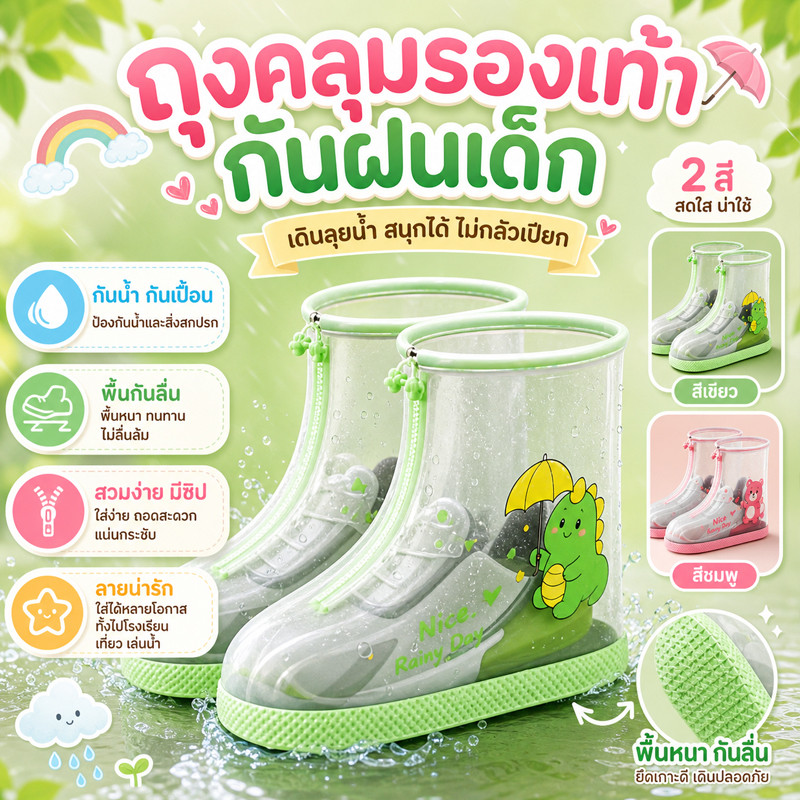 COD รองเท้าบูทกันฝนเด็กS-L กันลื่นกันน้ำ ลายการ์ตูนน่ารัก ผ้าคลุมรองเท้ากันฝนสำหรับเด็กชายและเด็กหญิง