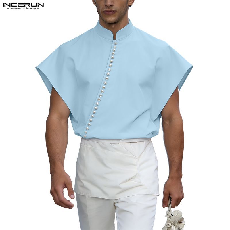 INCERUN ผู้ชายวินเทจหรูหราปกแมนดารินวางไหล่แขนแนวทแยง Placket ลูกปัดตกแต่งเสื้อ